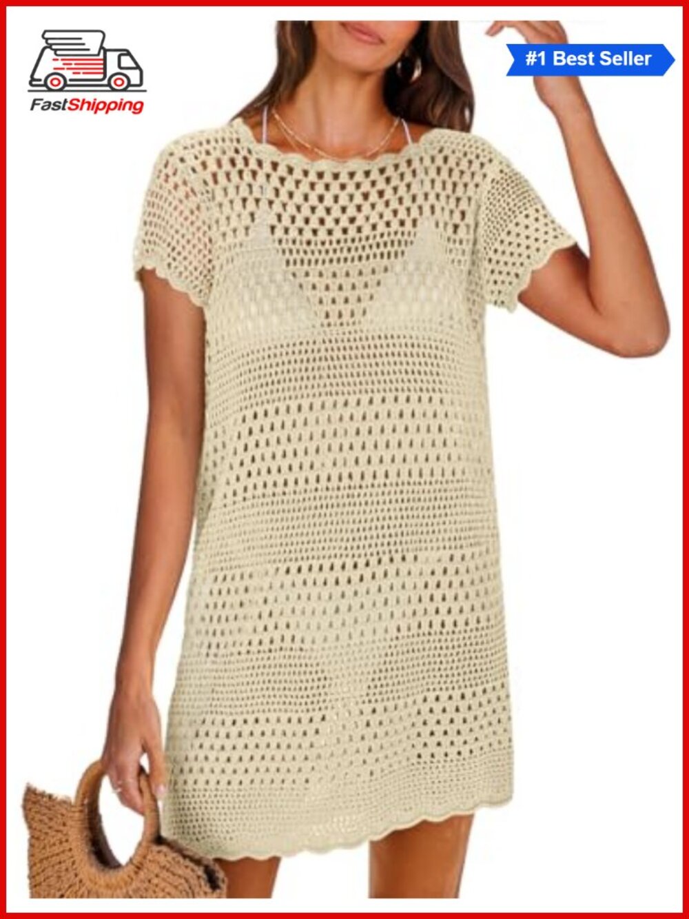 ✨ANRABESS Women's Swimsuit Cover Up Short Sleeve Crochet Mesh Mini Dress